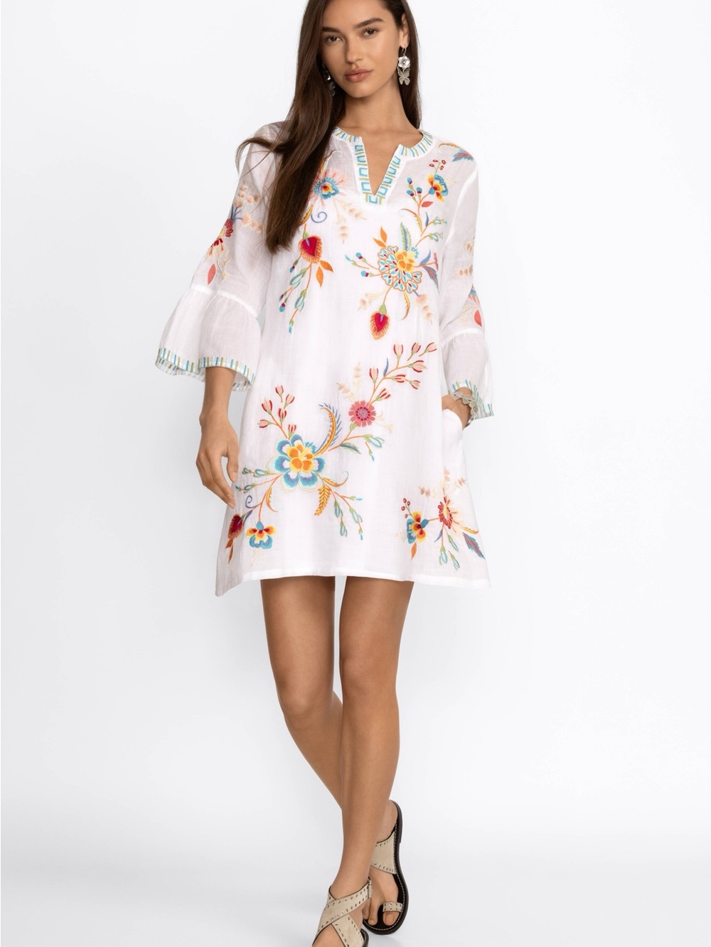 Johnny Was Workshop Joele Ruffle Sleeve Embroidered Linen Dress – Size M